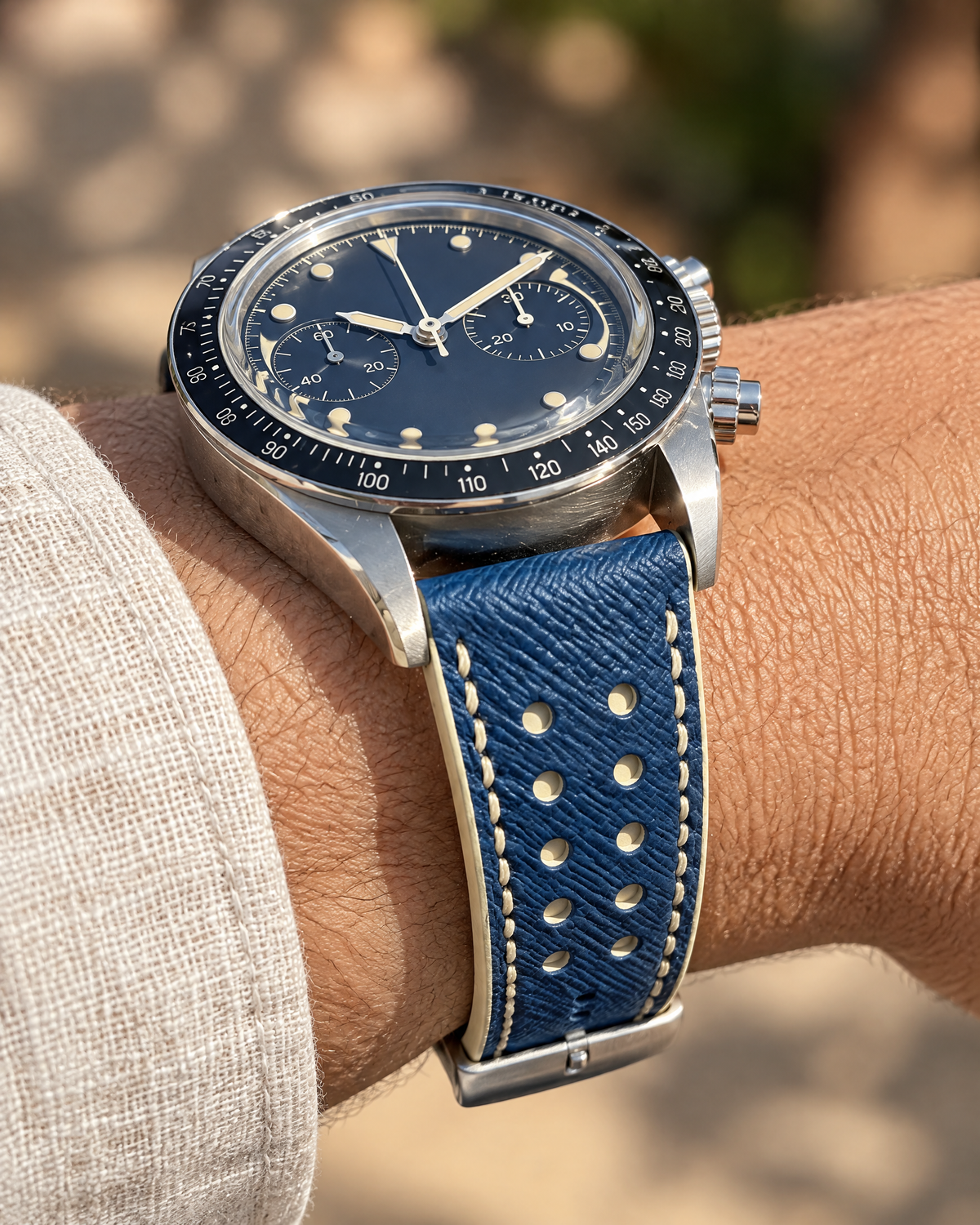 Blue & Cream Rally Watch Strap – Handstitched Epsom Leather with Racing Holes