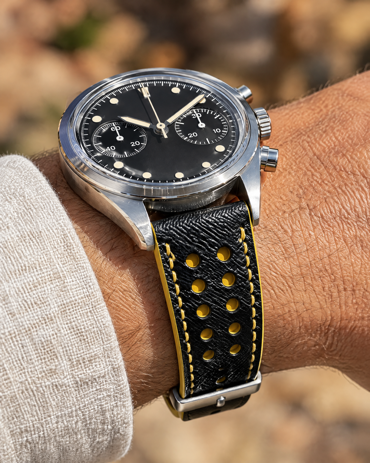 Black Rally Watch Strap – Handstitched Epsom Leather with Racing Holes
