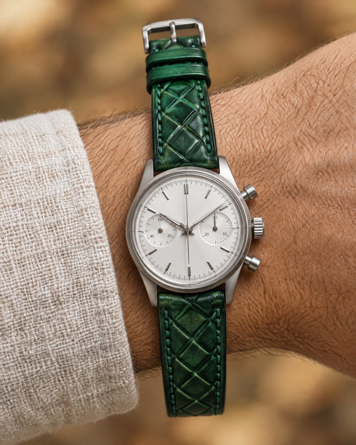 Hand Tooled Emerald Green Lattice Vegetable-Tanned Leather Watch Strap – Handstitched