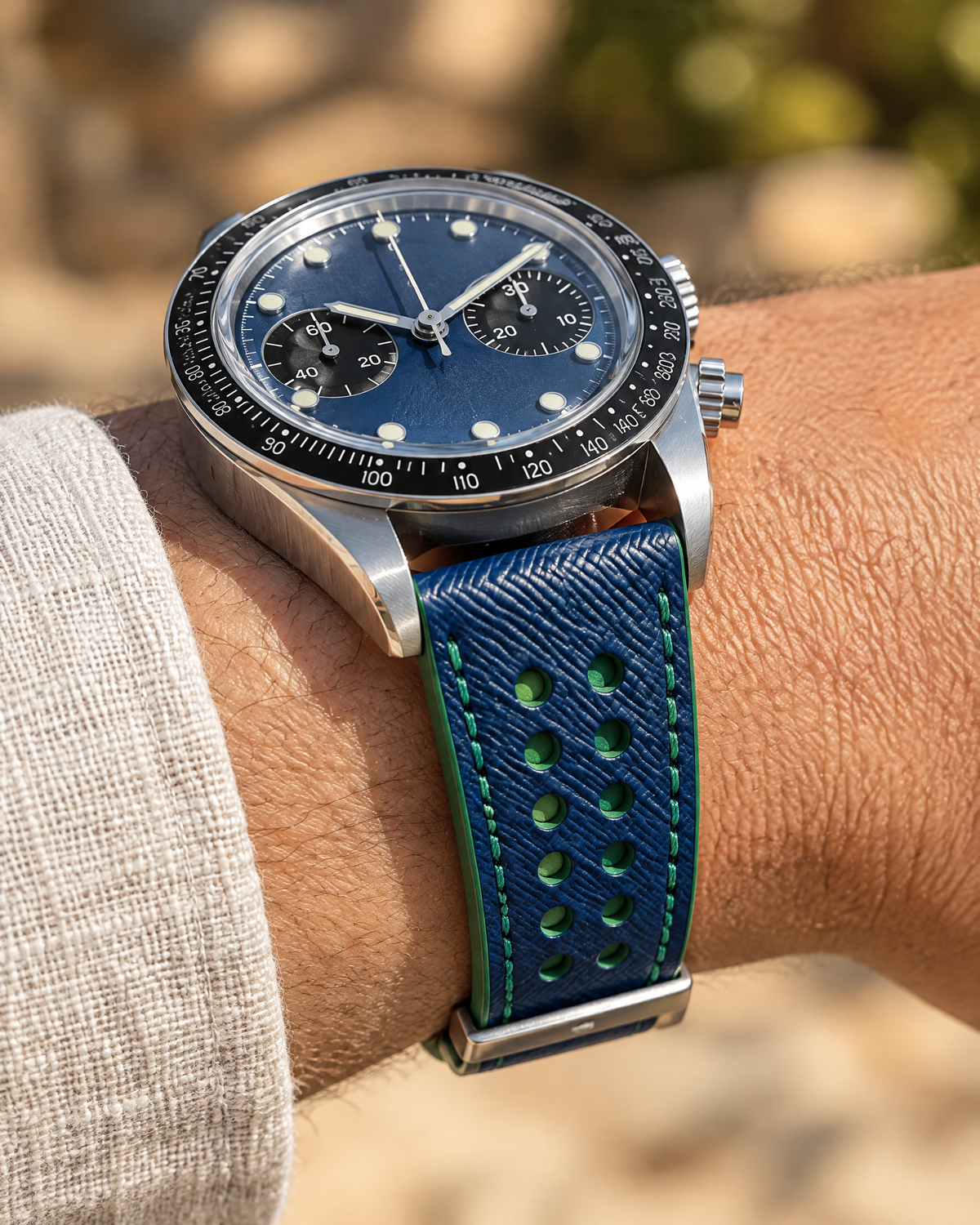 Blue & Green Rally Watch Strap – Handstitched Epsom Leather with Racing Holes