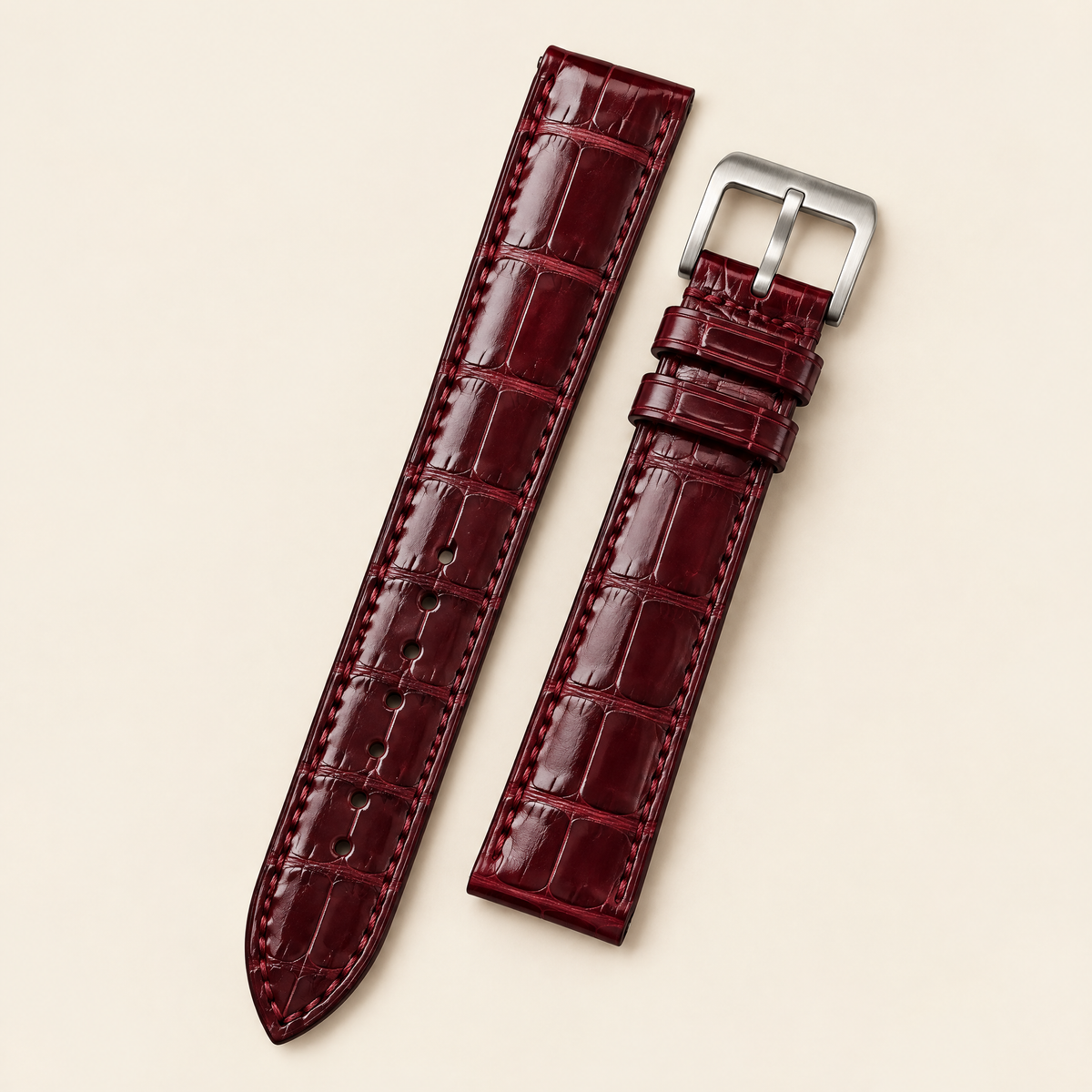 Patina Red Bordeaux Alligator Leather Watch Strap – Handstitched