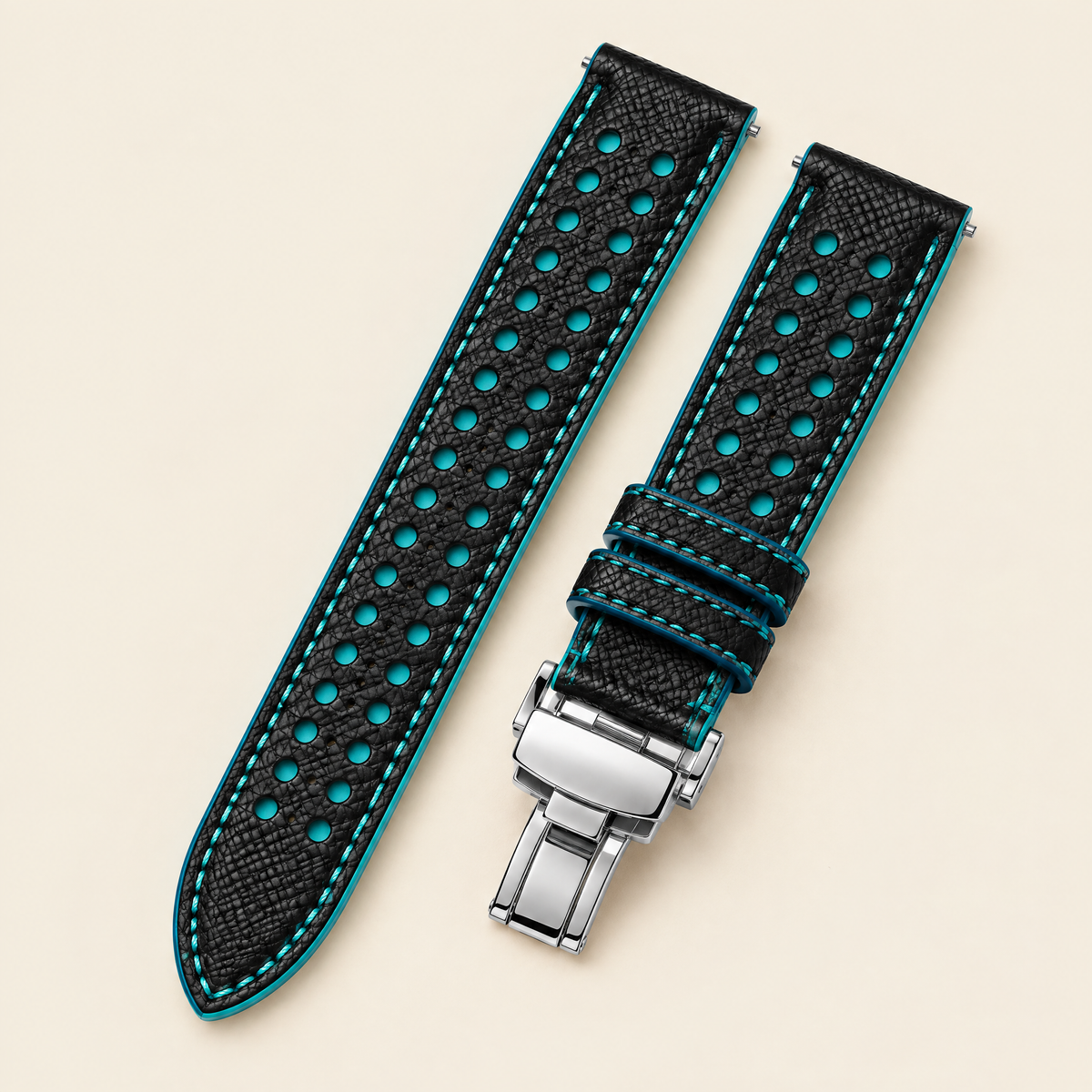 Black Turquoise Rally Watch Strap – Handstitched Epsom Leather with Racing Holes with Deployant Clasp