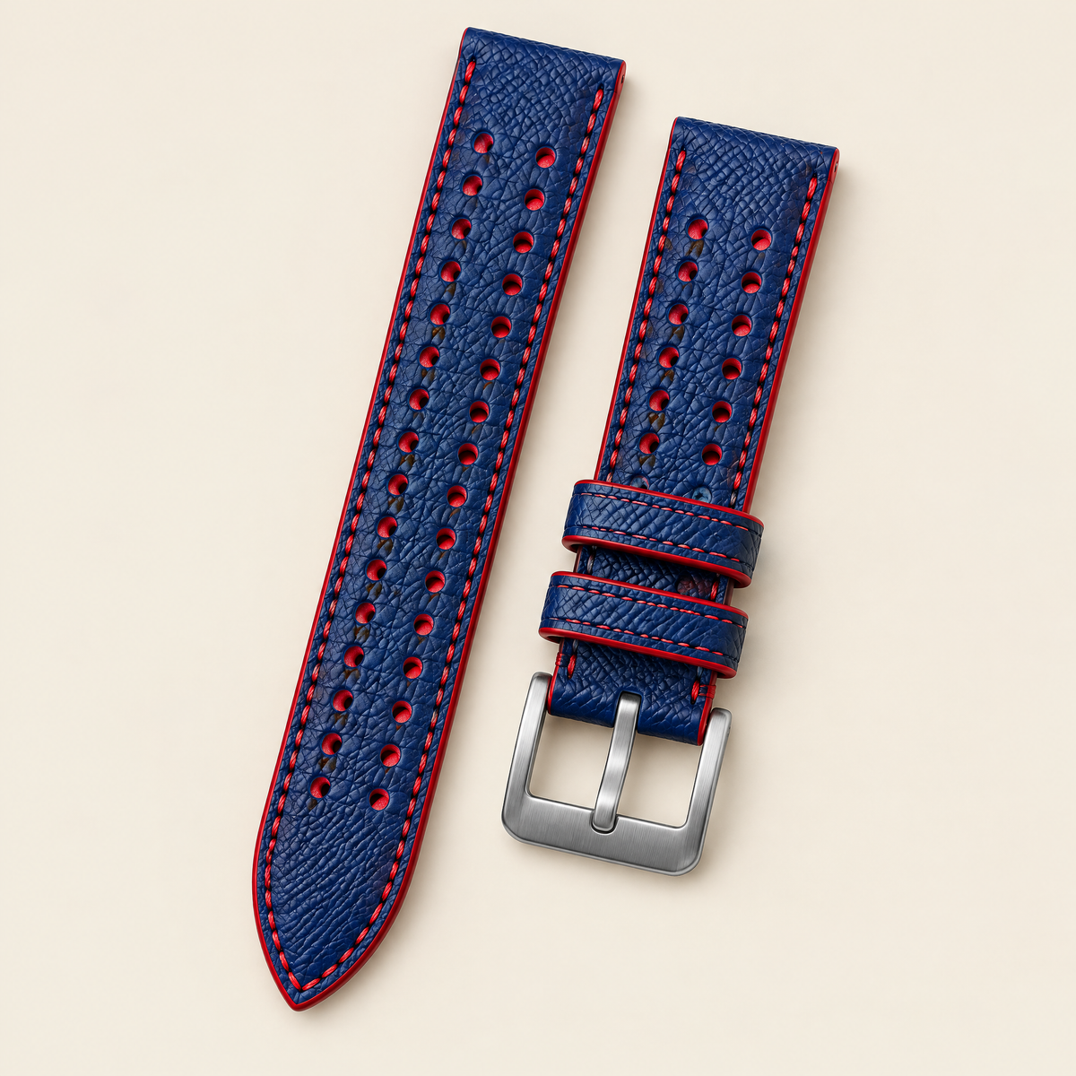 Blue & Red Rally Watch Strap – Handstitched Epsom Leather with Racing Holes