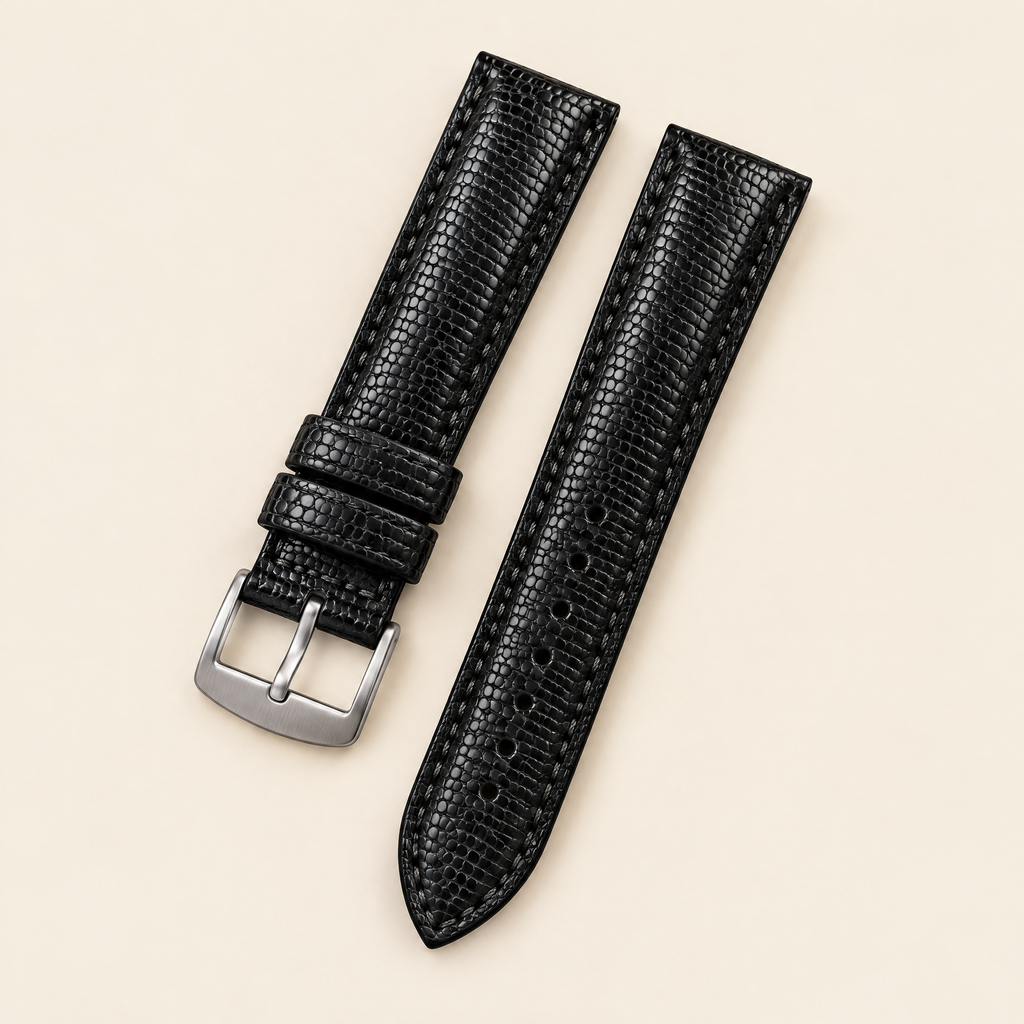 Black Lizard Leather Watch Strap – Handstitched, Padded