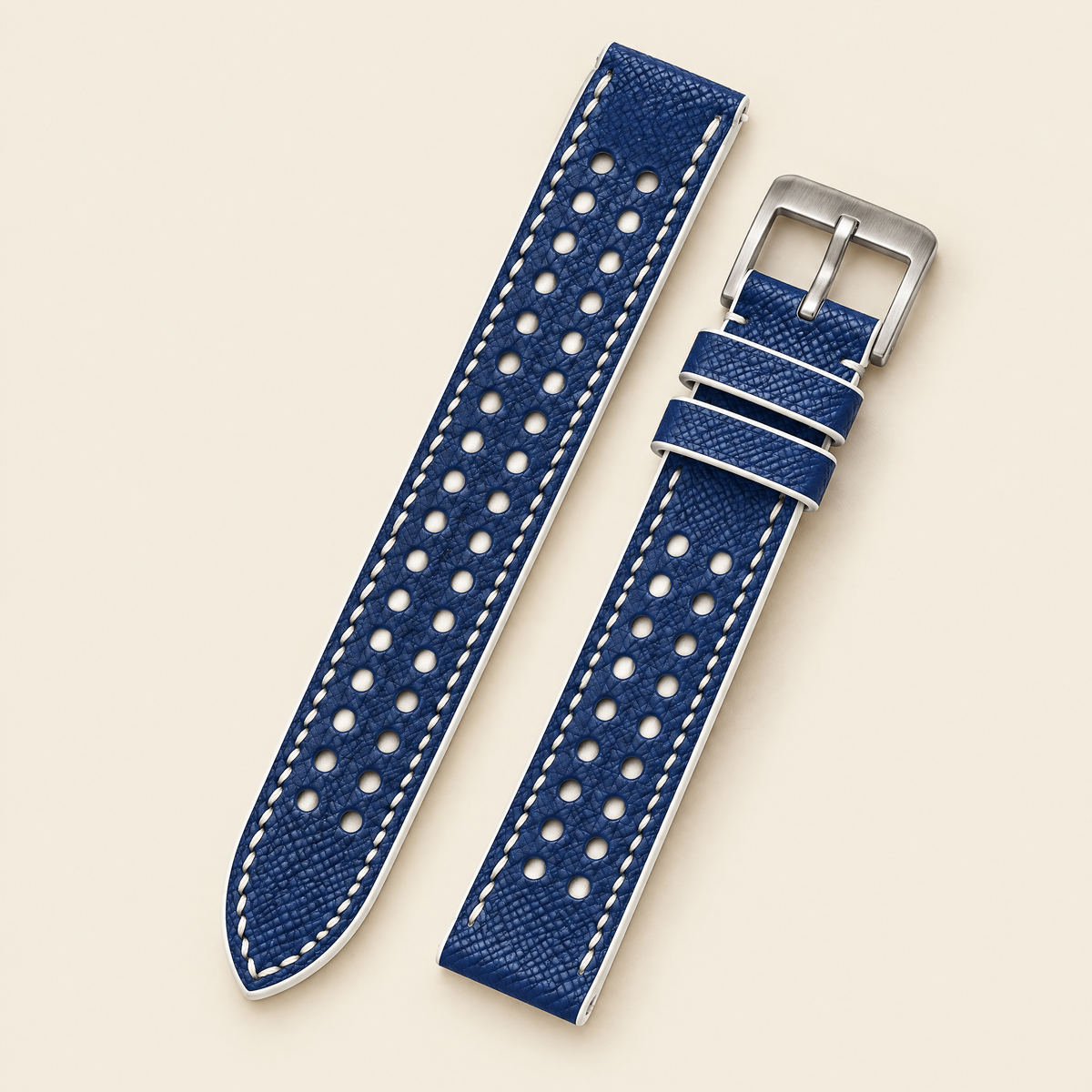 Blue & White Rally Watch Strap Small – Handstitched Epsom Leather with Racing Holes