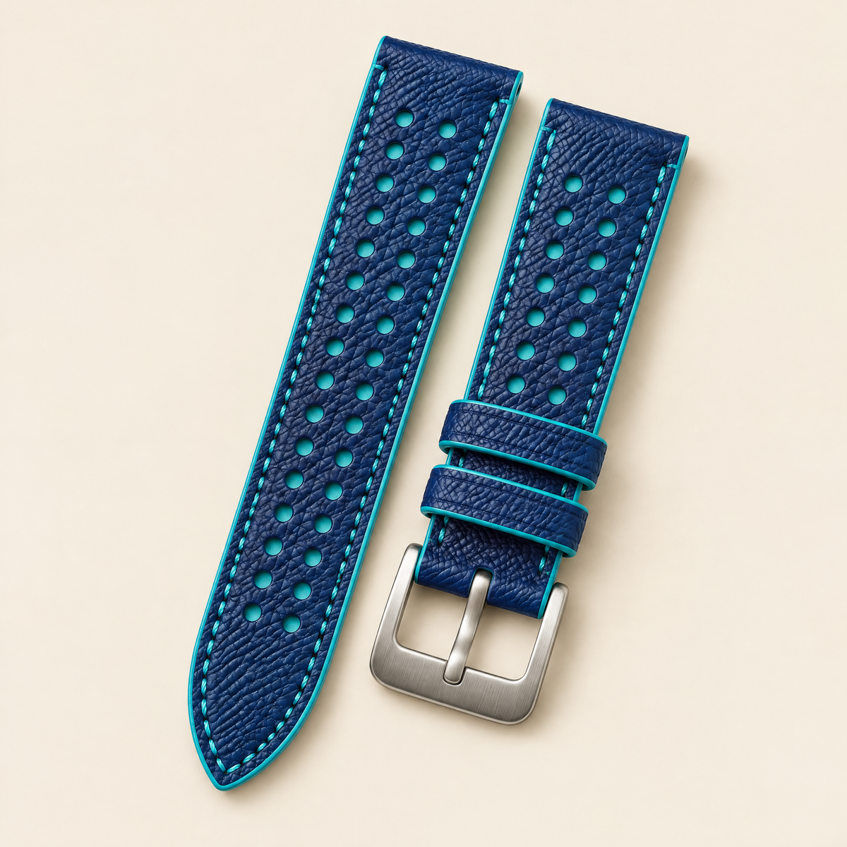 Blue & Turquoise Rally Watch Strap – Handstitched Epsom Leather with Racing Holes
