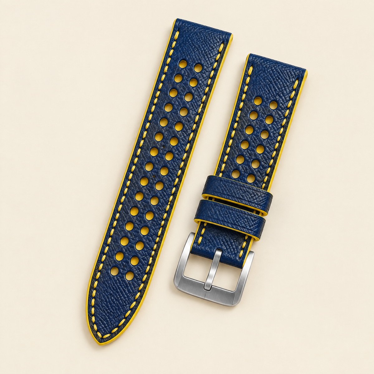Blue & Yellow Rally Watch Strap – Handstitched Epsom Leather with Racing Holes