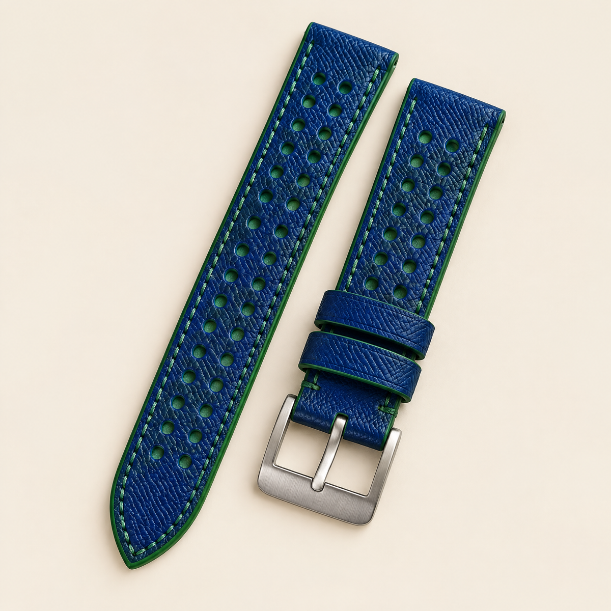 Blue & Green Rally Watch Strap – Handstitched Epsom Leather with Racing Holes