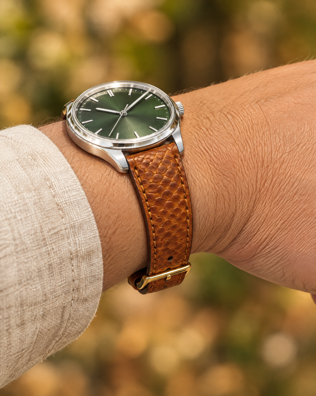 Golden Cognac Scale Ostrich Leg Leather Watch Strap – Handstitched