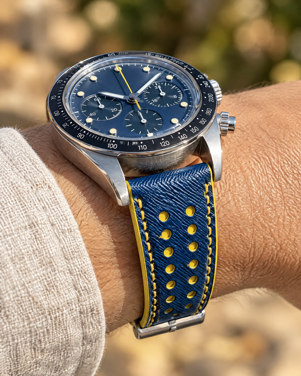 Blue & Yellow Rally Watch Strap – Handstitched Epsom Leather with Racing Holes