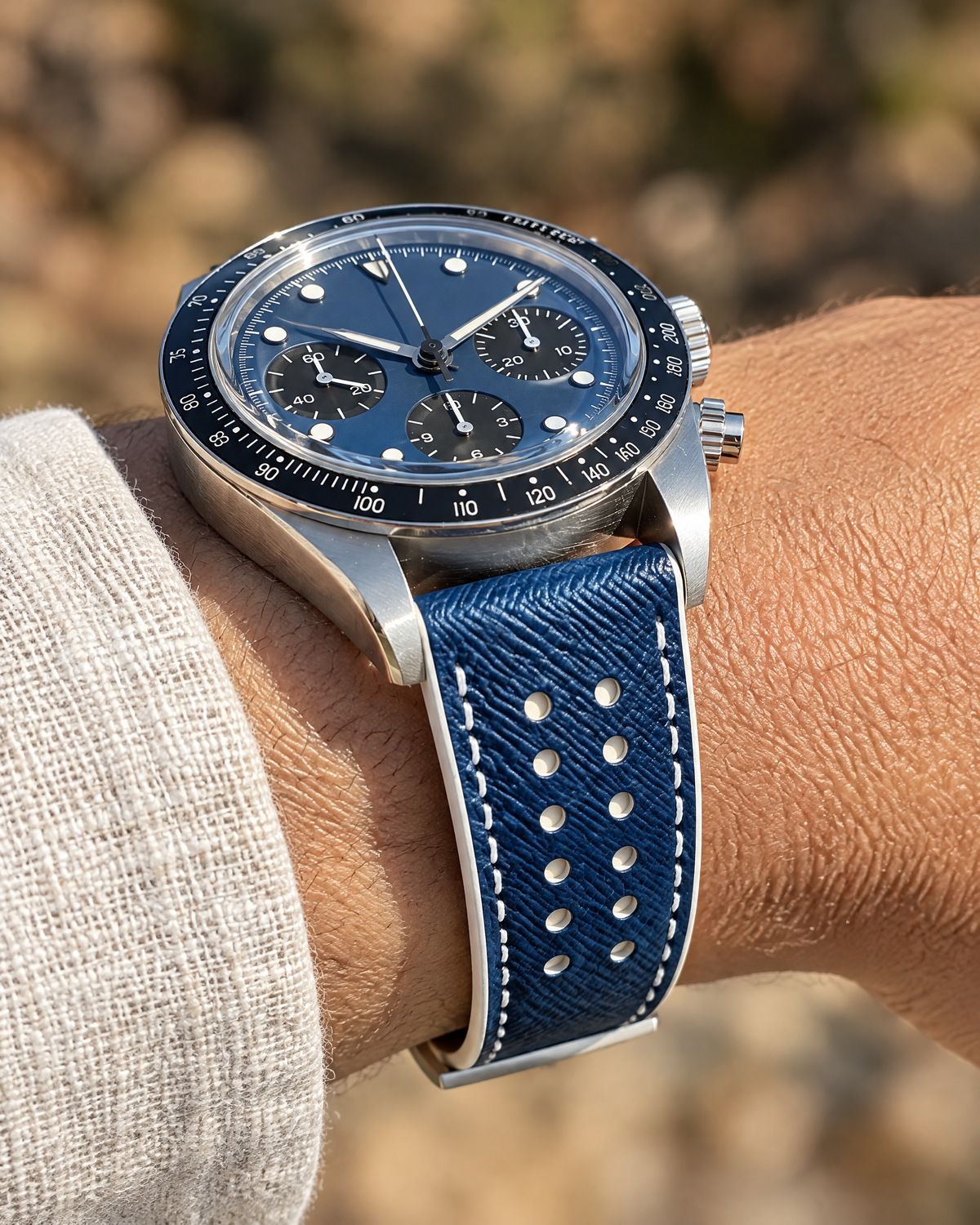 Blue & White Rally Watch Strap Small – Handstitched Epsom Leather with Racing Holes