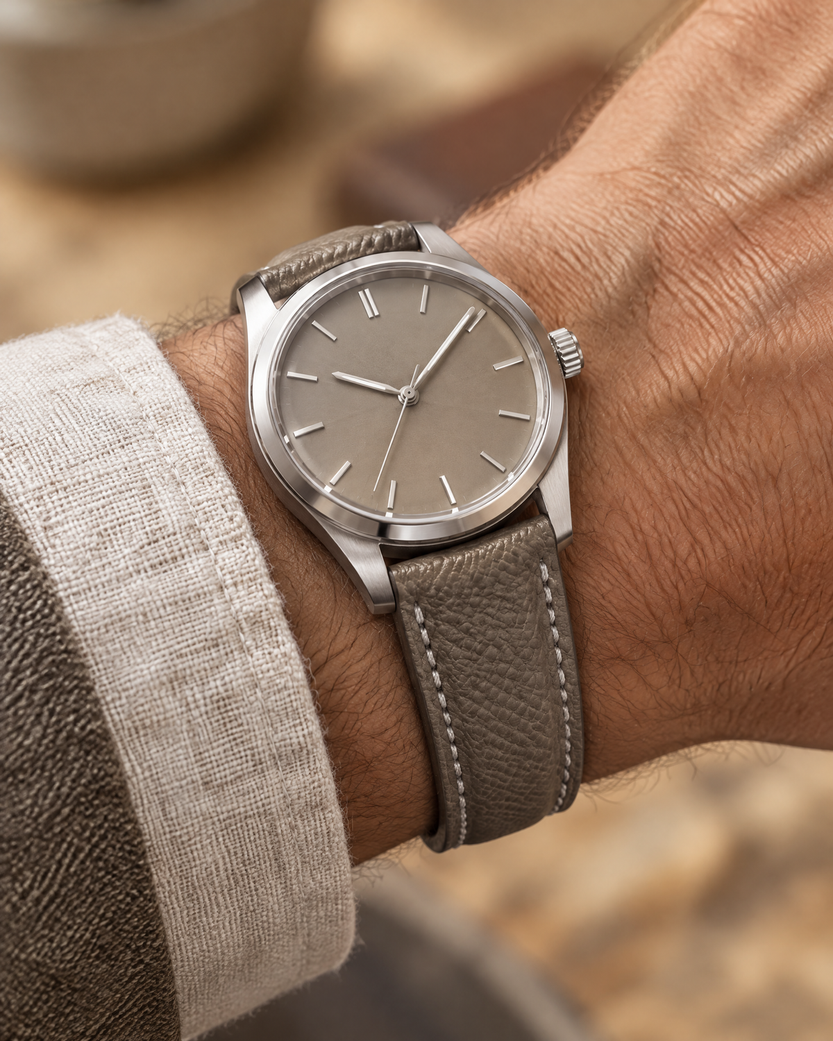 Stone Gray Togo Leather Watch Strap – Handstitched, Padded