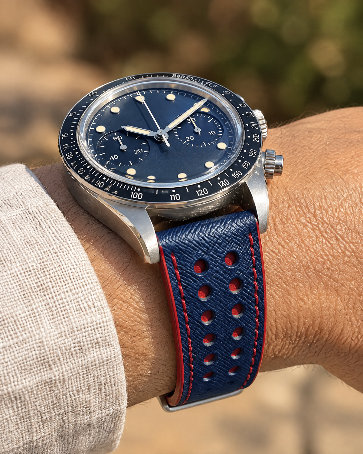 Blue & Red Rally Watch Strap – Handstitched Epsom Leather with Racing Holes