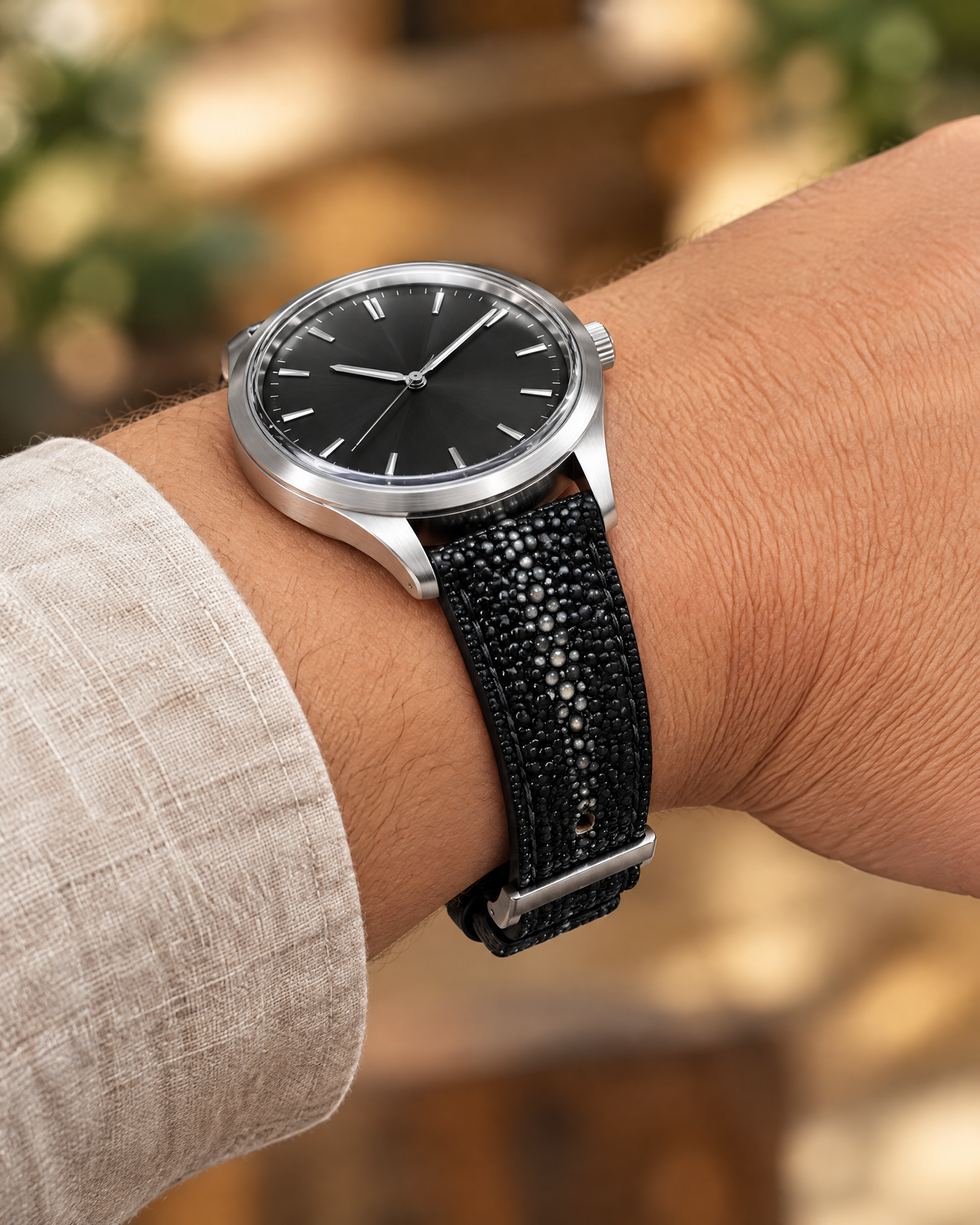 Black Stingray Leather Watch Strap – Handstitched