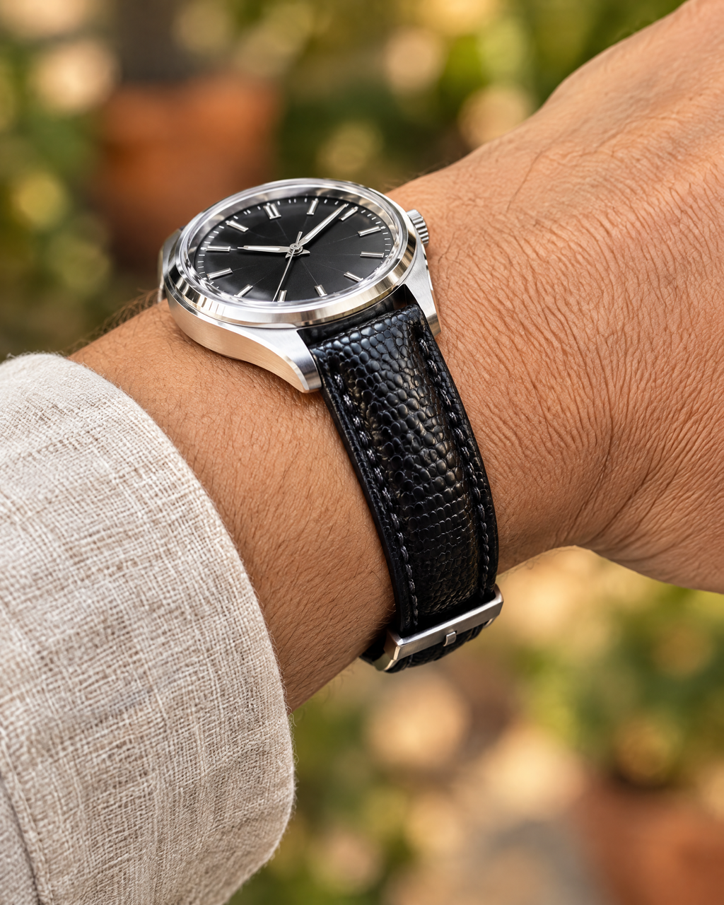 Black Lizard Leather Watch Strap – Handstitched, Padded