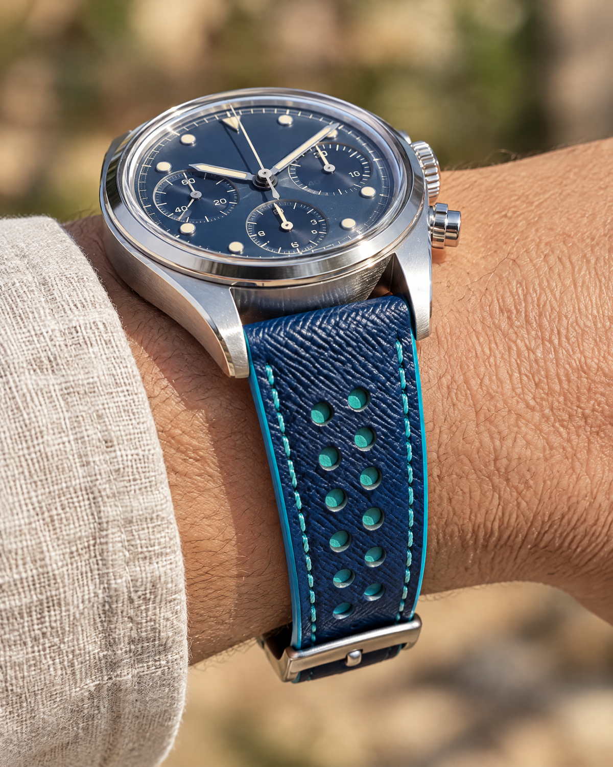 Blue & Turquoise Rally Watch Strap – Handstitched Epsom Leather with Racing Holes