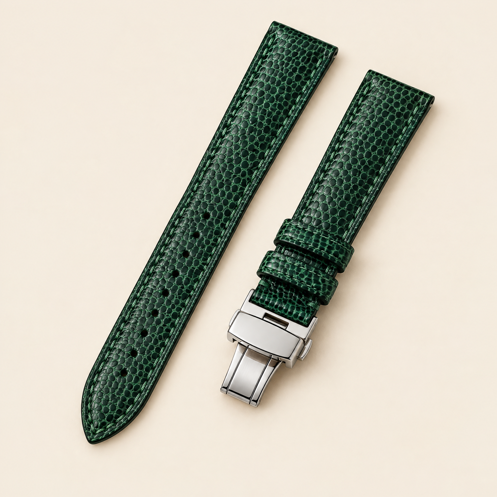 Natural Lizard Leather Watch Strap – Handstitched with Deployant Clasp