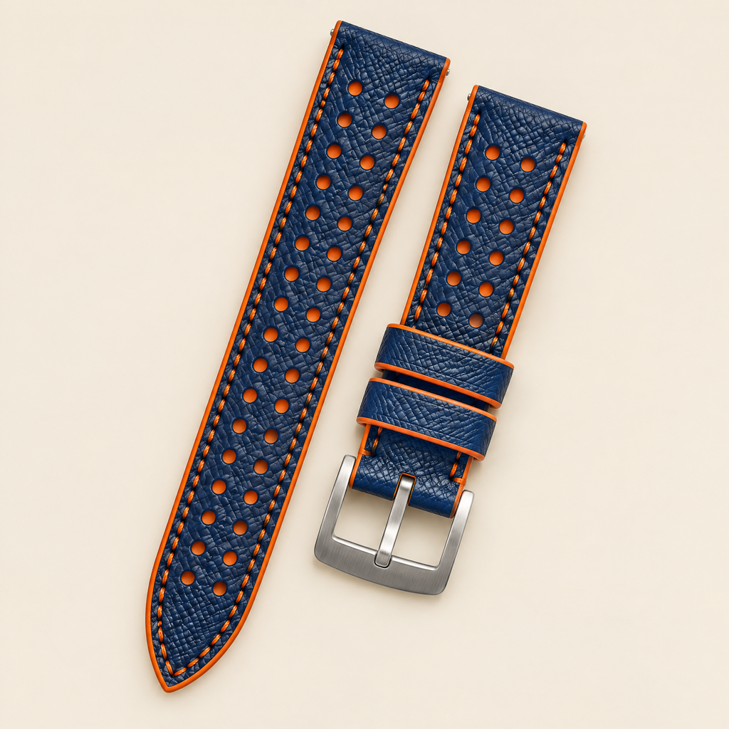 Blue & Orange Rally Watch Strap – Handstitched Epsom Leather with Racing Holes