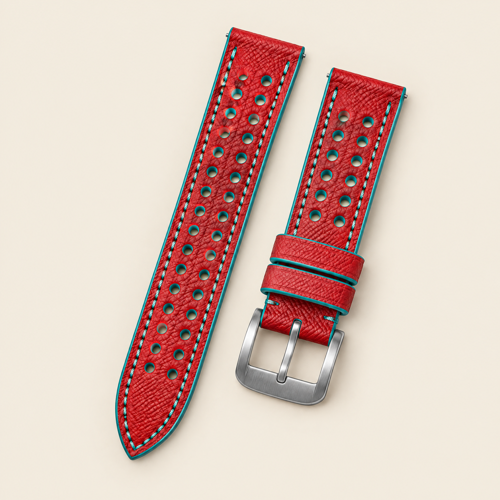 Red & Turquoise Rally Watch Strap Small – Handstitched Epsom Leather with Racing Holes