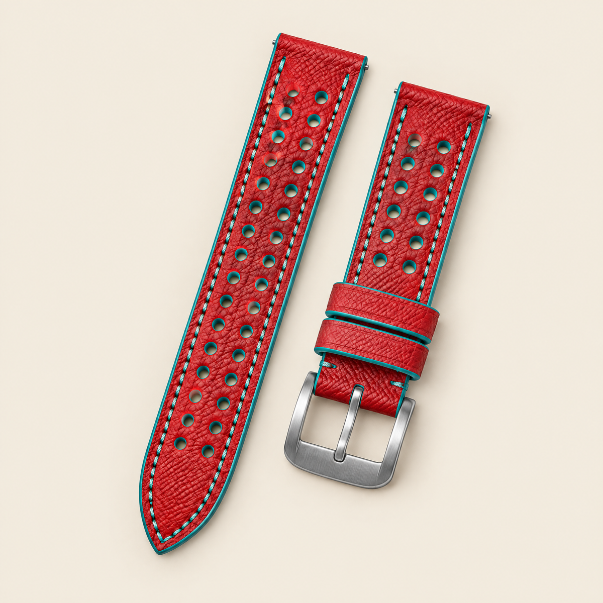 Red & Turquoise Rally Watch Strap Small – Handstitched Epsom Leather with Racing Holes