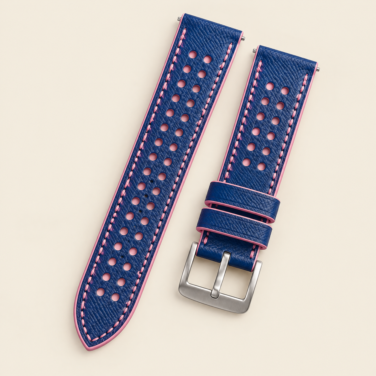 Blue & Pink Rally Watch Strap – Handstitched Epsom Leather with Racing Holes