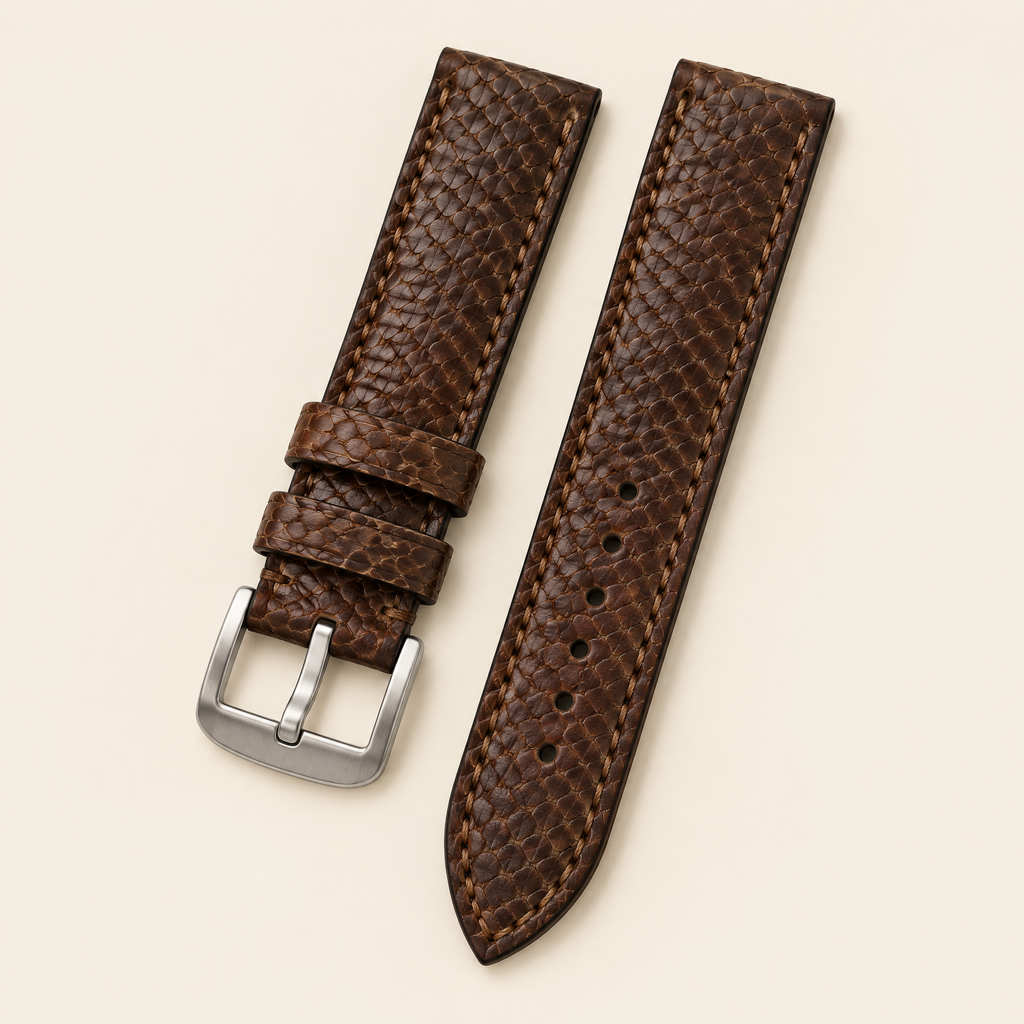 Nicotine Brown Scale Ostrich Leg Leather Watch Strap – Handstitched