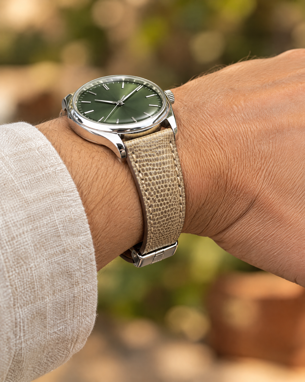 Natural Lizard Leather Watch Strap – Handstitched with Deployant Clasp