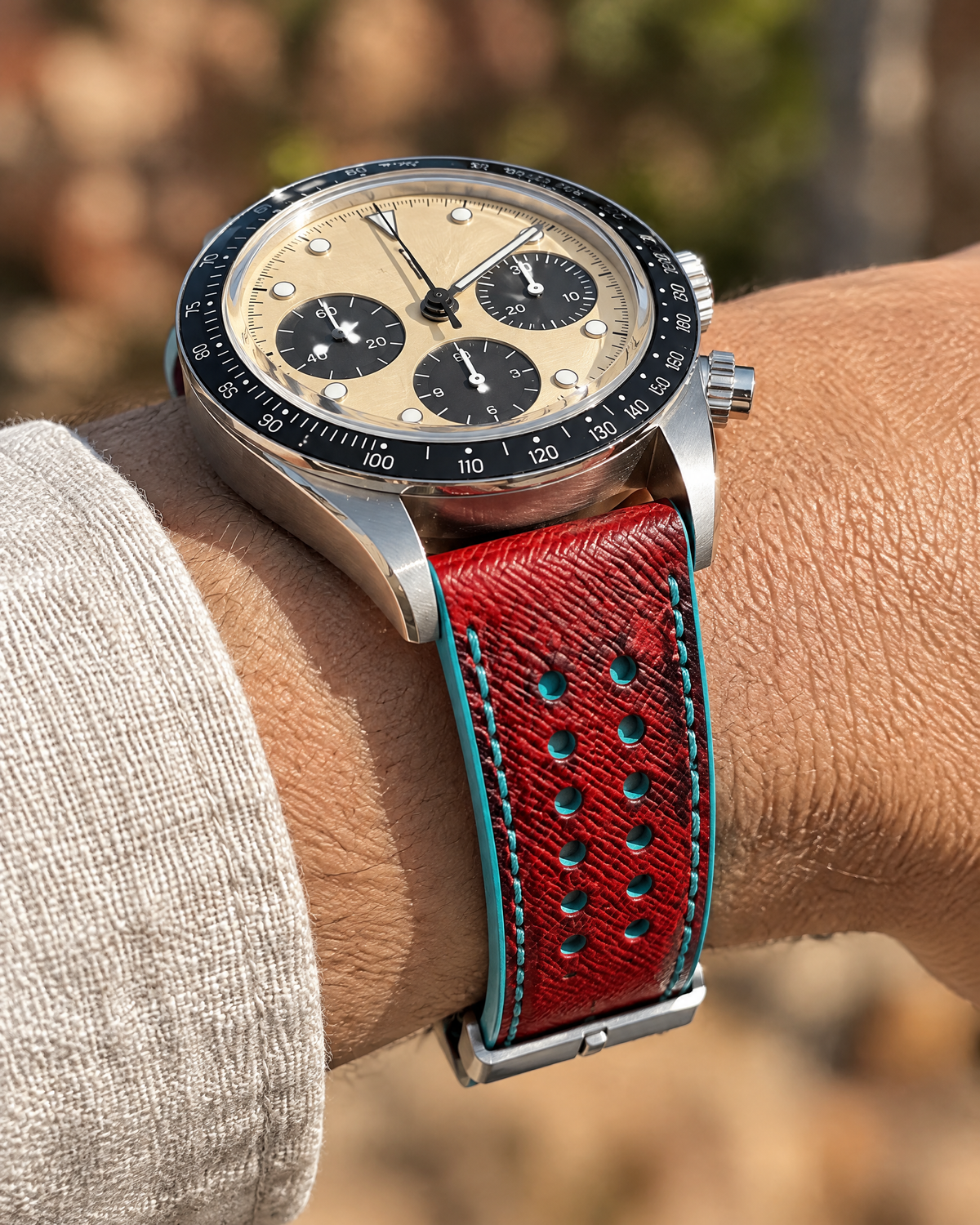 Red & Turquoise Rally Watch Strap Small – Handstitched Epsom Leather with Racing Holes