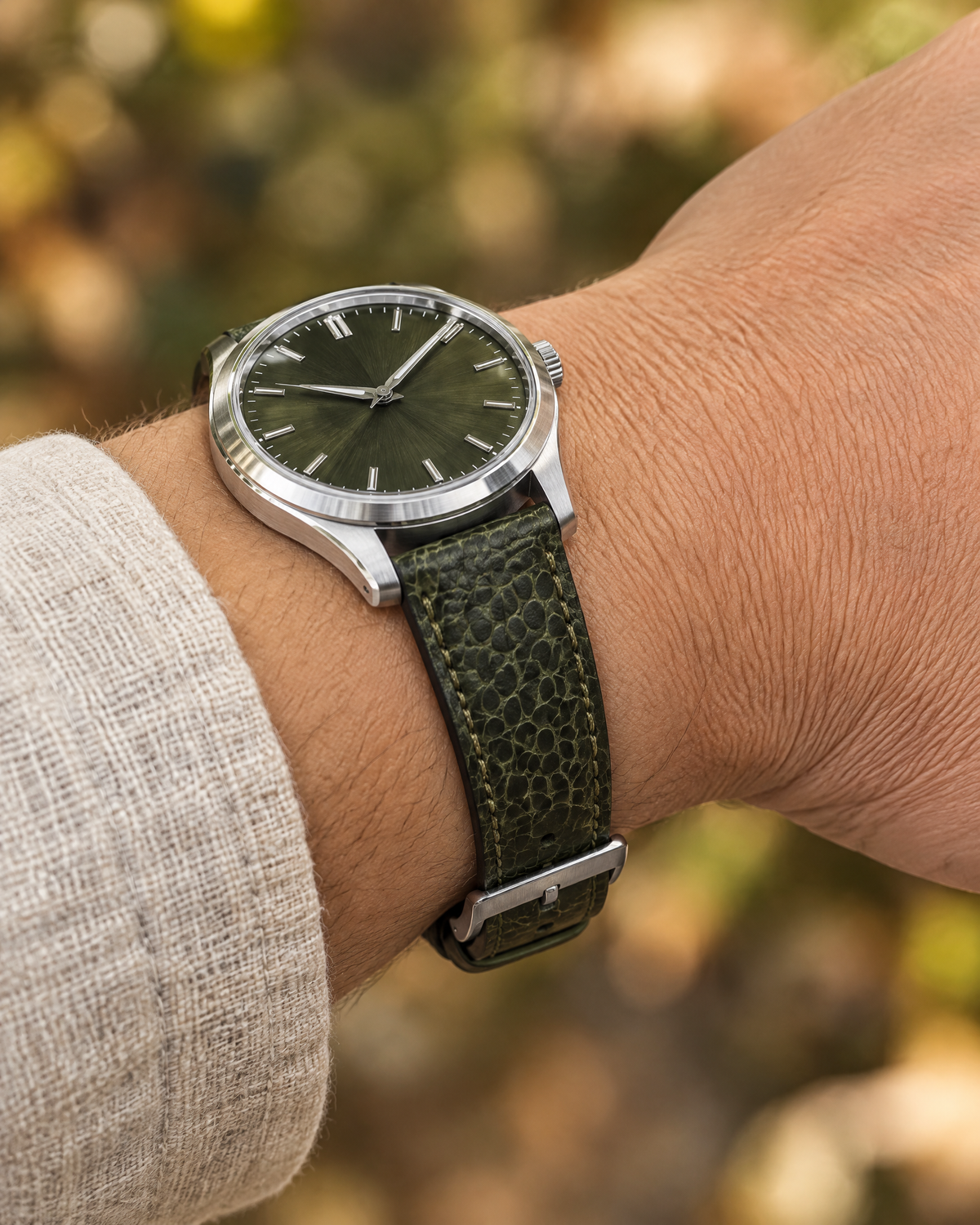 Dark Olive Nubuck Ostrich Leg Leather Watch Strap – Handstitched