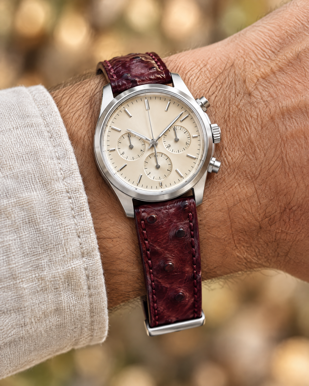 Burgundy Marble Ostrich Leather Watch Strap – Handstitched