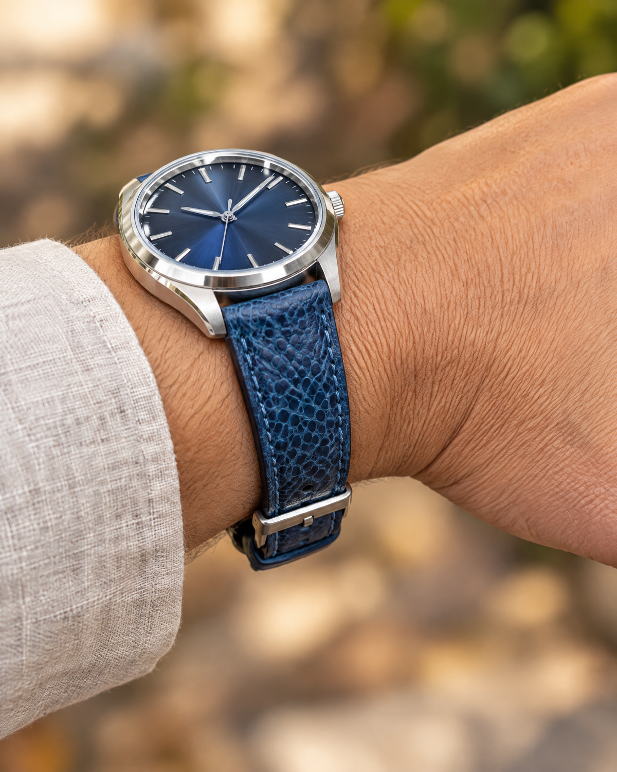 Blue Ostrich Leg Leather Watch Strap – Handstitched