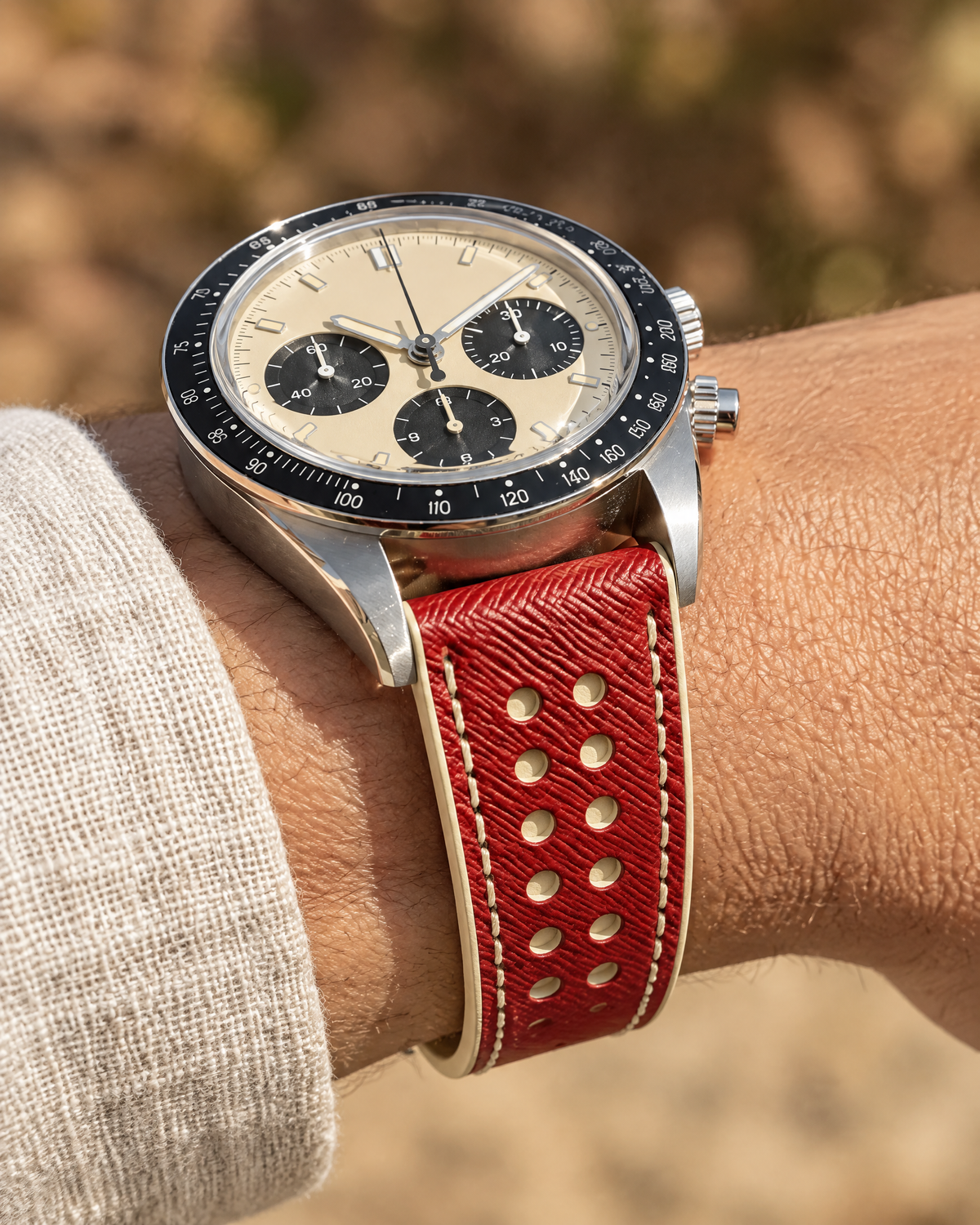 Red & Cream Rally Watch Strap – Handstitched Epsom Leather with Racing Holes