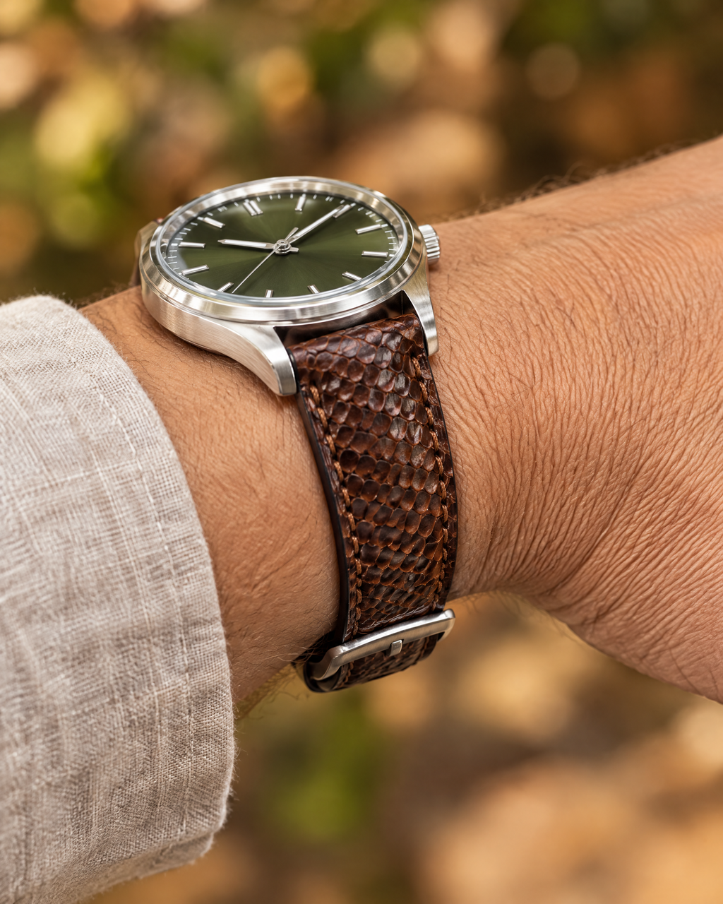 Nicotine Brown Scale Ostrich Leg Leather Watch Strap – Handstitched