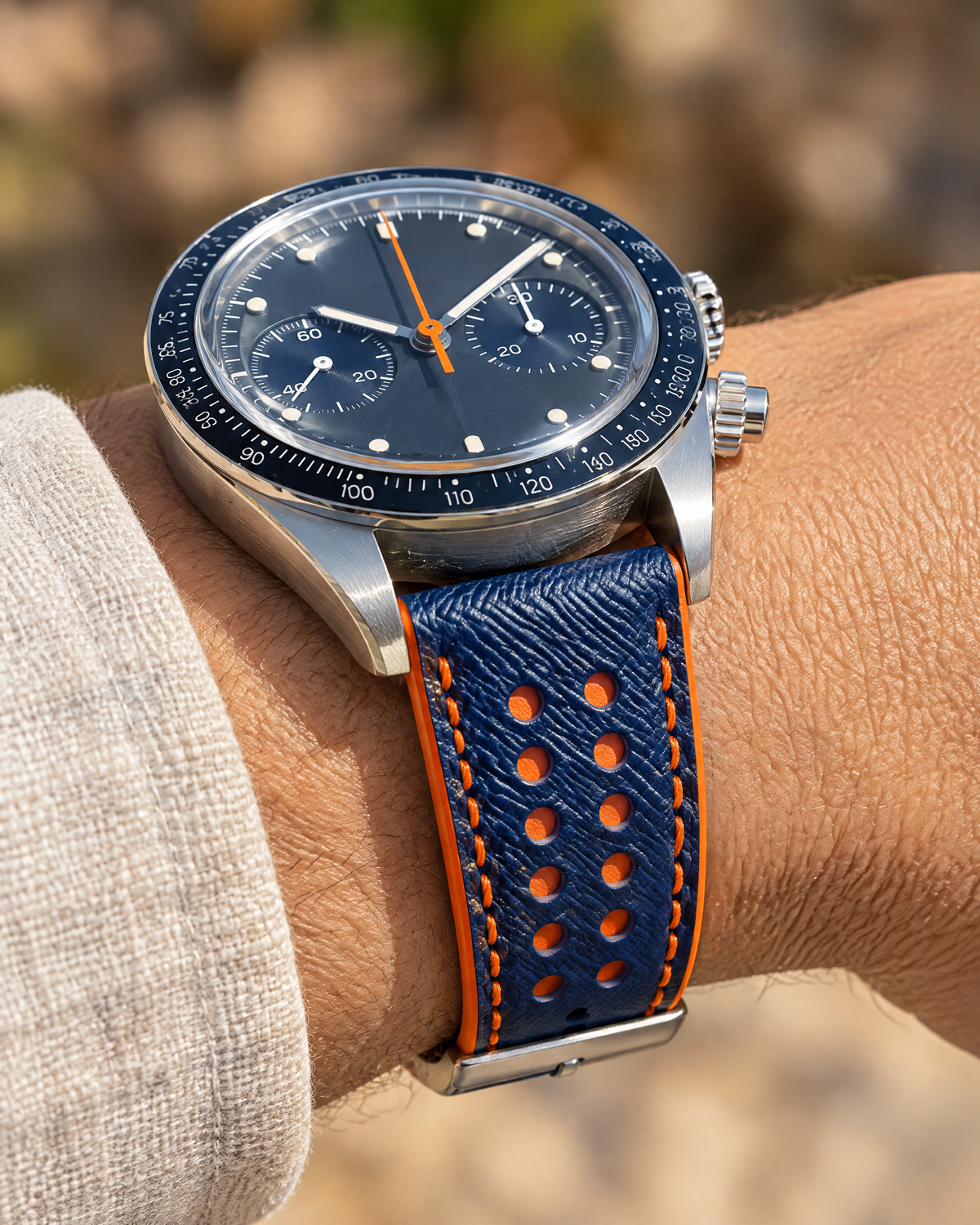 Blue & Orange Rally Watch Strap – Handstitched Epsom Leather with Racing Holes
