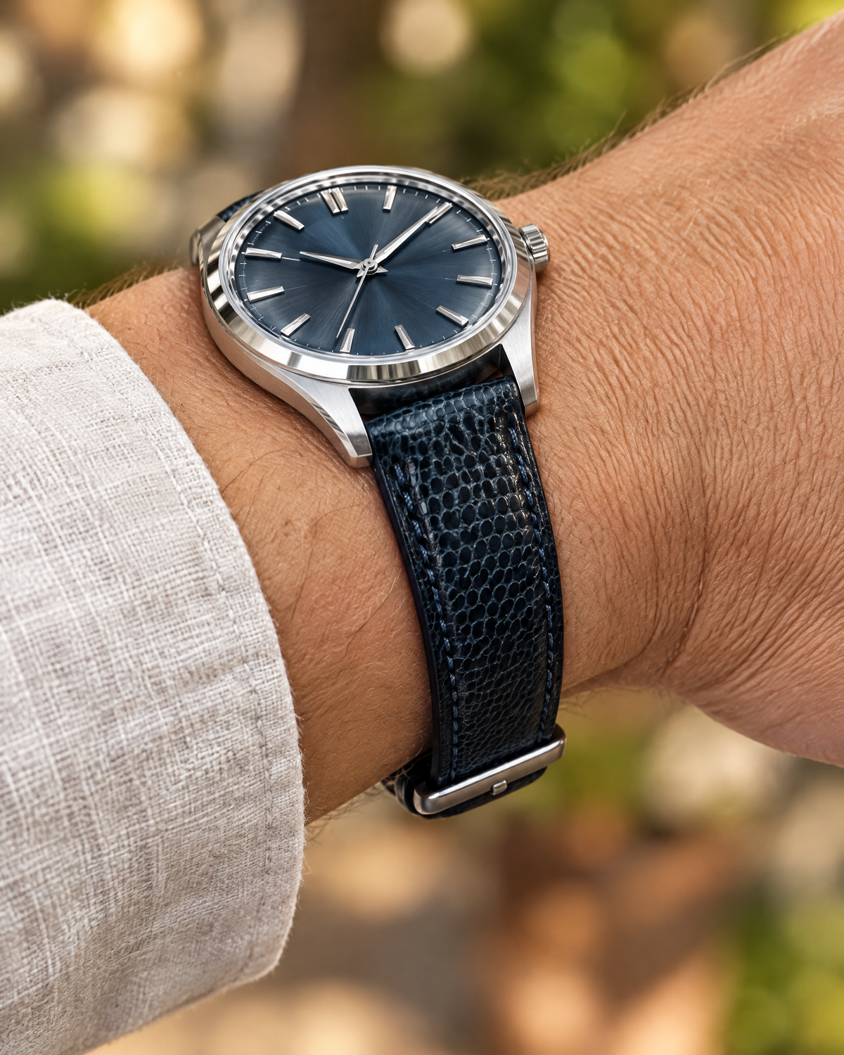 Blue Black Lizard Leather Watch Strap – Handstitched