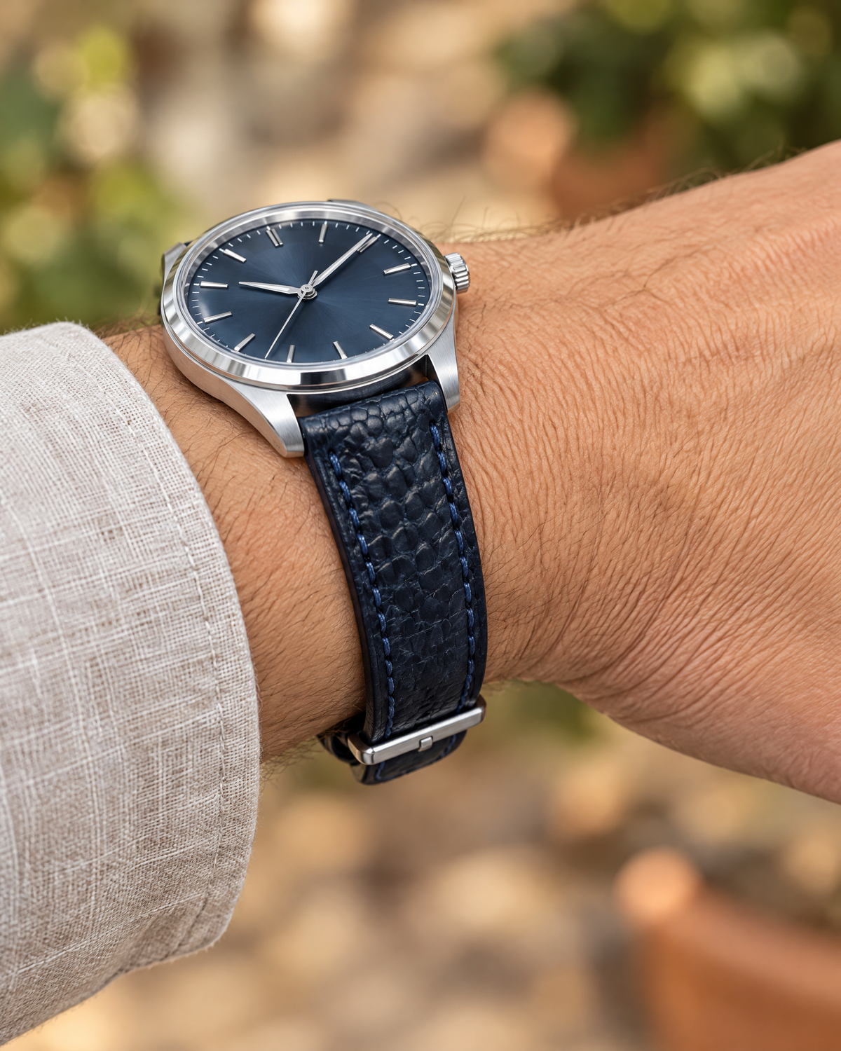 Dark Navy Ostrich Leg Leather Watch Strap – Handstitched