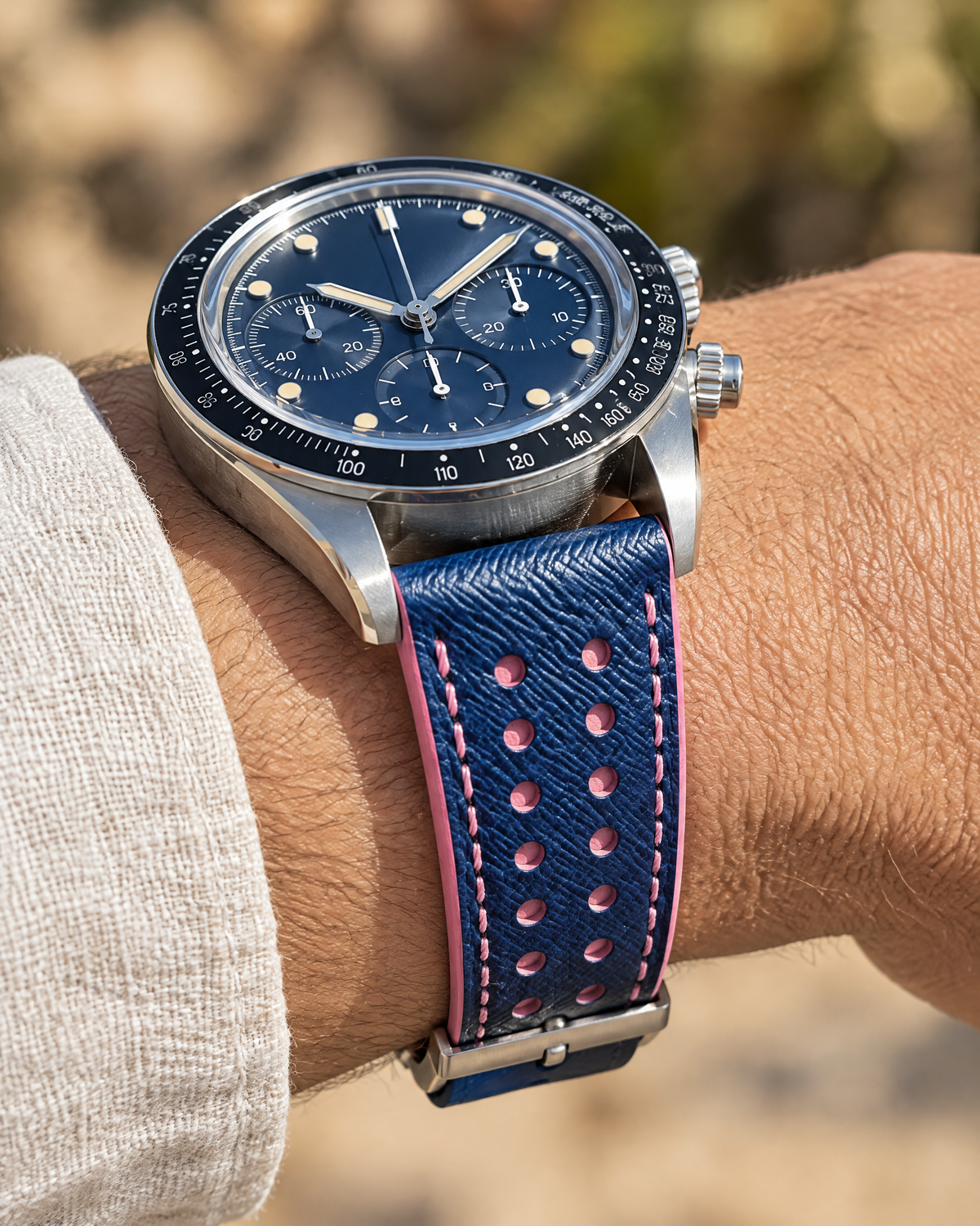 Blue & Pink Rally Watch Strap – Handstitched Epsom Leather with Racing Holes
