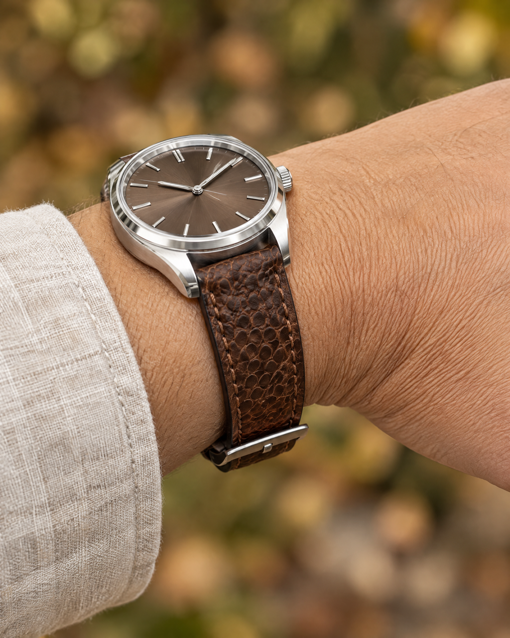 Nicotine Brown Ostrich Leg Leather Watch Strap – Handstitched