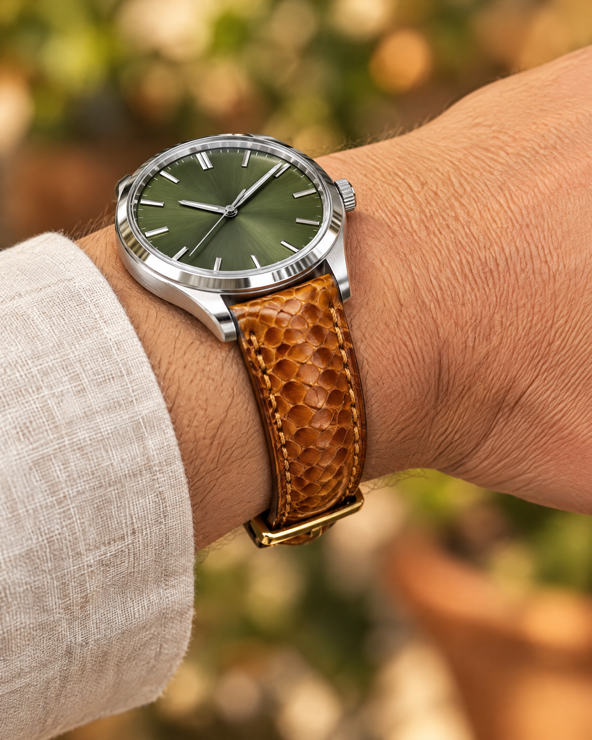 Golden Cognac Scale Ostrich Leg Leather Watch Strap – Handstitched, Padded