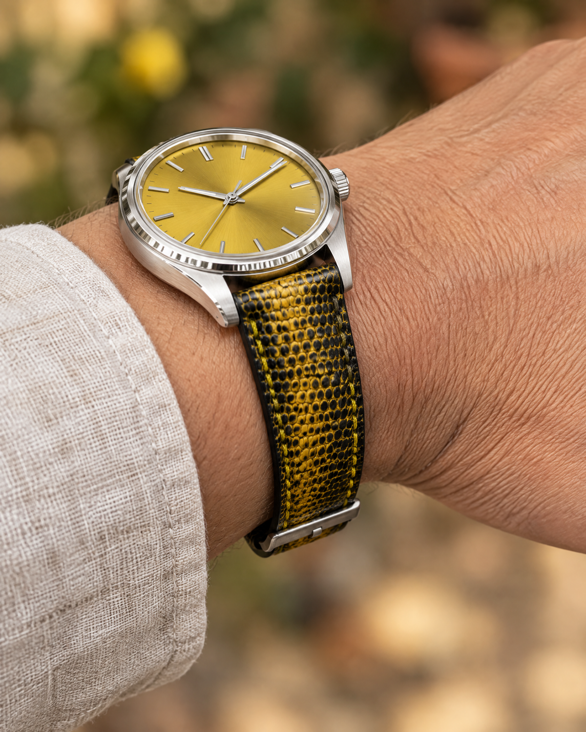 Yellow Black Lizard Leather Watch Strap – Handstitched