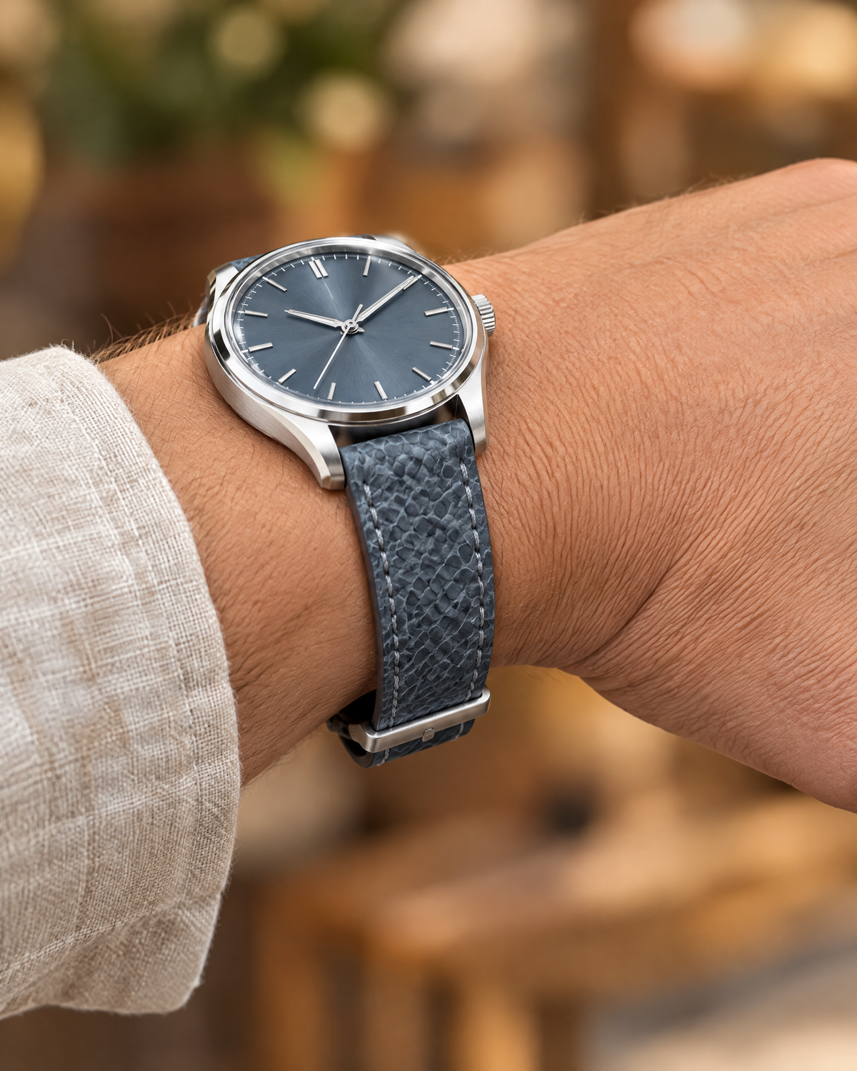 Blue Gray Nubuck Ostrich Leg Leather Watch Strap – Handstitched