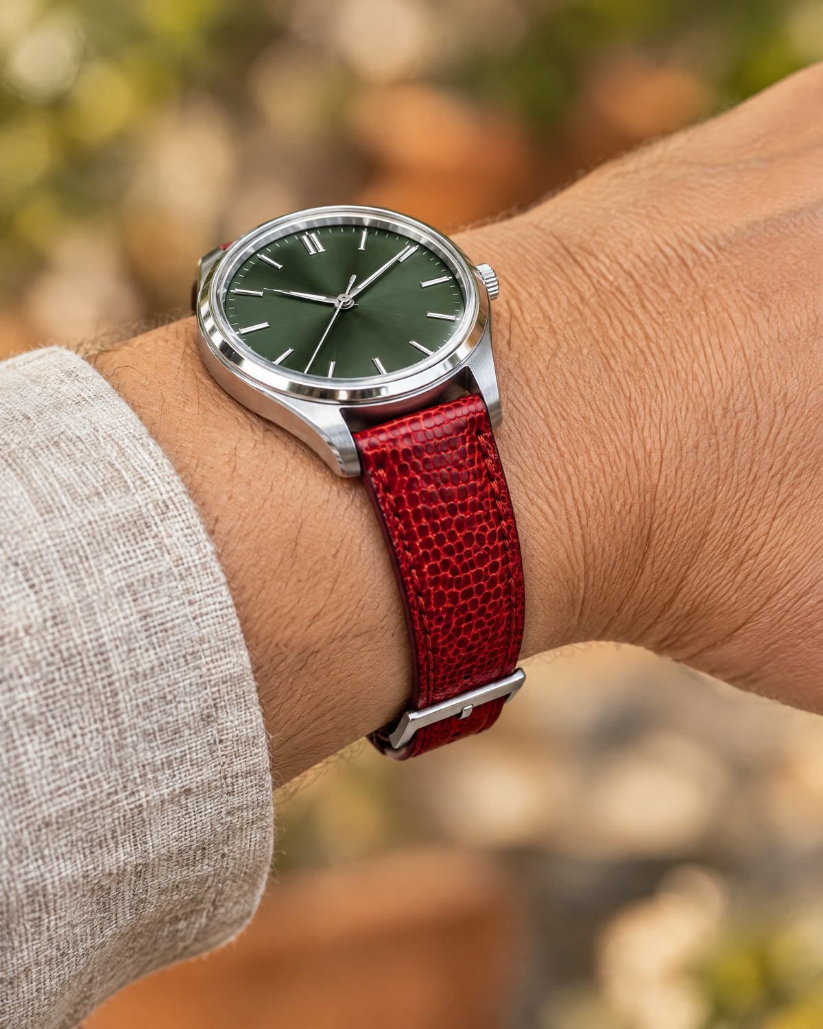 Red Lizard Leather Watch Strap – Handstitched