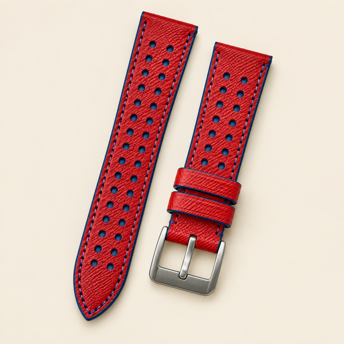 Red & Blue Rally Watch Strap – Handstitched Epsom Leather with Racing Holes