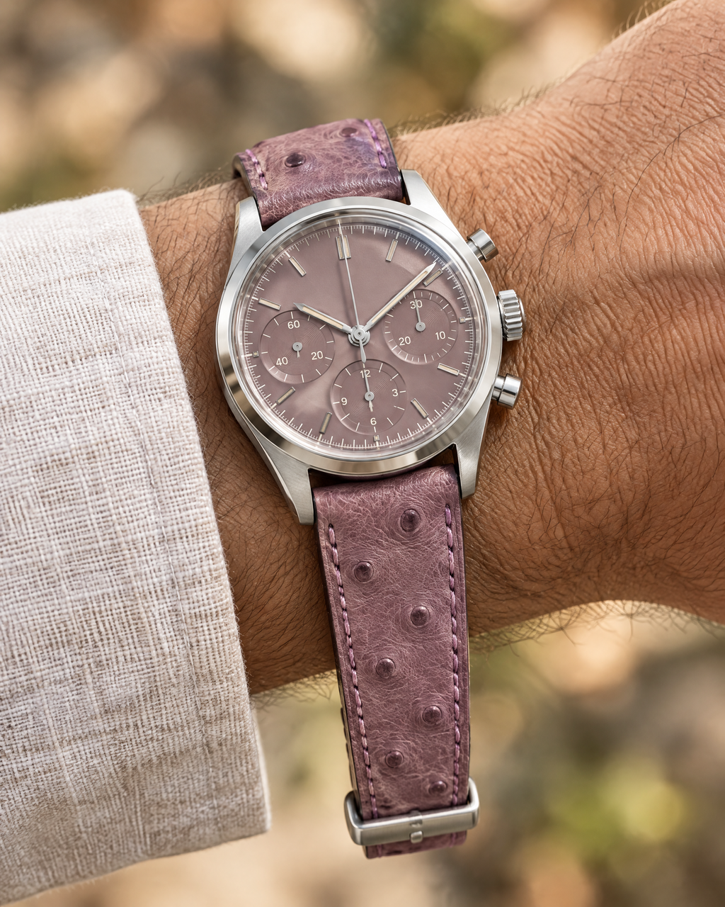 Dusty Mauve Ostrich Leather Watch Strap – Handstitched
