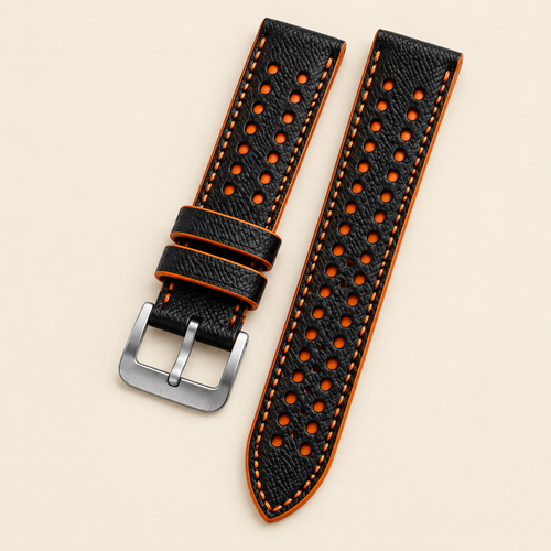 Black & Orange Rally Watch Strap – Handstitched Epsom Leather with Racing Holes