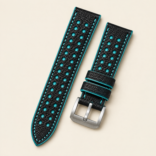 Black & Turquoise Rally Watch Strap – Handstitched Epsom Leather with Racing Holes