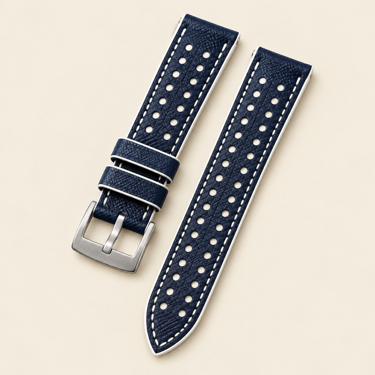 Navy & White Rally Watch Strap – Handstitched Epsom Leather with Racing Holes