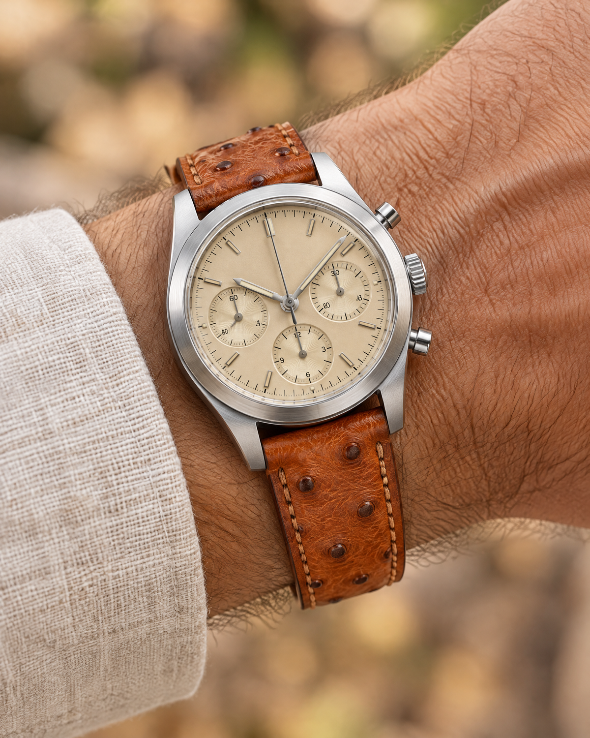 Cognac Brown Ostrich Leather Watch Strap – Handstitched