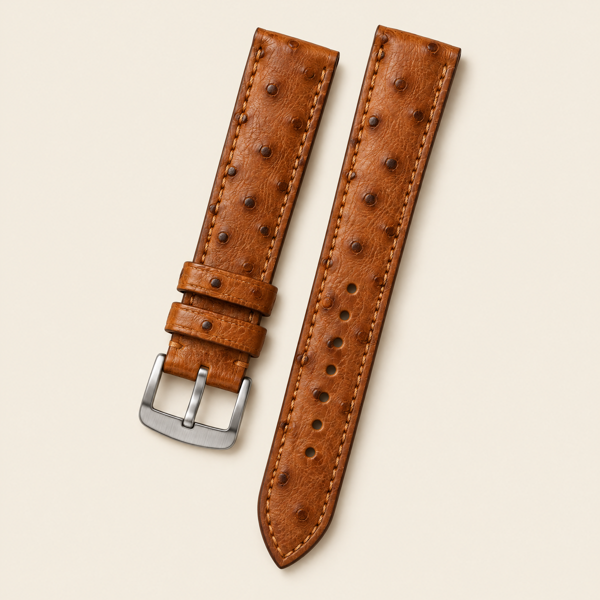 Cognac Brown Ostrich Leather Watch Strap – Handstitched