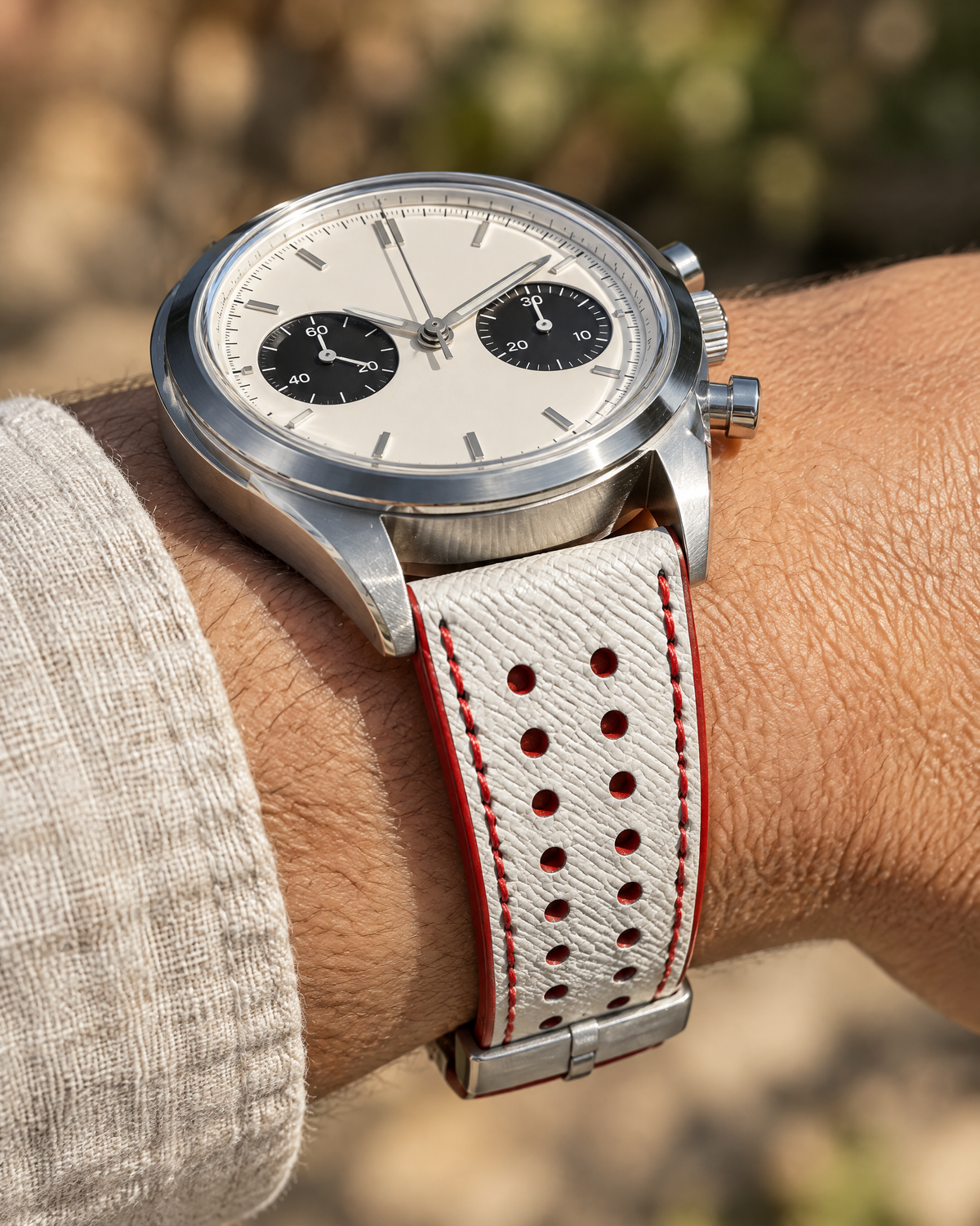 White & Red Rally Watch Strap – Handstitched Epsom Leather with Racing Holes